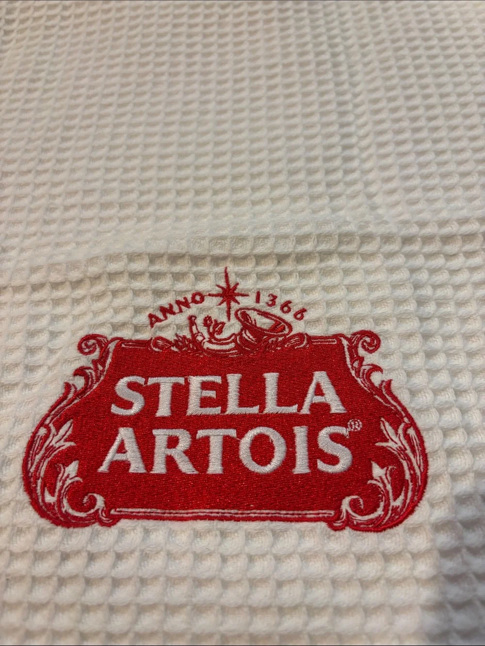 Stella Artois Bar Towel White Waffle Kitchen Towel with Red Logo